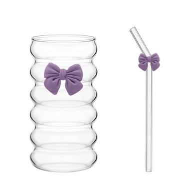 Imagem de Copos de canudo Bow - Design de laço fofo, copo de vidro reutilizável para café gelado, suco, leite, bebidas frias - Acessórios perfeitos para café bar, utensílios festivos, utensílios de bebida