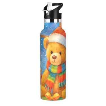 Imagem de Joisal Garrafa de água colorida aconchegante de Natal com tampa de palha, garrafas de água isoladas de aço inoxidável para adolescentes e crianças, 590 ml, copo de viagem de parede dupla à prova de