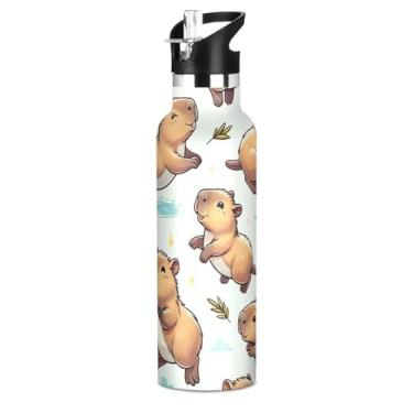 Imagem de Joisal Garrafa de água isolada de aço inoxidável de 590 ml com tampa de canudo para bebidas frias ou quentes, linda capivara, livre de BPA, à prova de vazamento, copos de viagem para meninos e meninas