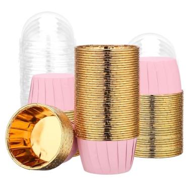 Imagem de EUSOAR Copos de panificação, 100 peças de mini copos de cheesecakes rosa/dourado de 100 ml, com tampas, ramequins descartáveis, recipientes de folha de alumínio, recipientes de cupcake, suportes de