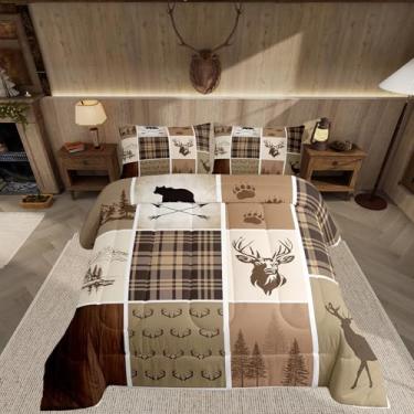 Imagem de Feelyou Conjunto de cama rústico de cervo de cabana king para crianças, caçando, campo, casa de fazenda, para meninos e meninas, adolescentes, capa de edredom marrom bege, microfibra macia