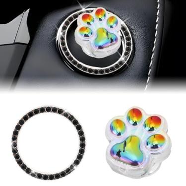 Imagem de LuneClat Capa de botão Push to Start - Capa de resina para iniciantes de pata de gato e decalque de anel decorativo brilhante, acessórios de interior de carro fofos, decoração de botões de partida