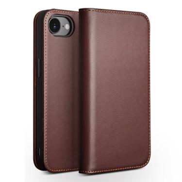 Imagem de FWYANZH Capa carteira para iPhone 16E, capa flip de couro genuíno com compartimentos para cartões, proteção total, à prova de choque, estilo comercial, marrom, 16E