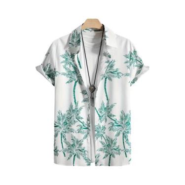 Imagem de Camisa Havaiana Masculina Com Estampa De Palmeira, Manga Curta, Botões