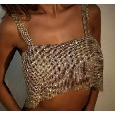 Imagem de B0403-Blusa Top Cropped Strass Pedraria Brilho Prateado Dourado Preto 