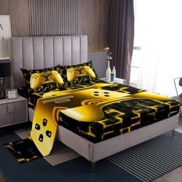 Imagem de Erosebridal Jogo de lençol solteiro para meninos, jogos de videogame, geométrico, dourado, preto e dourado, para adolescentes e homens, jogo de cama de 3 peças para todas as estações