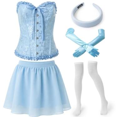 Imagem de Shyyween O conjunto de fantasia de princesa azul adulto inclui espartilho, minissaia, faixa de cabelo, luvas longas de cetim, meias até o joelho, Azul, M