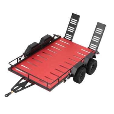 Imagem de Diydeg Trailer RC 1/18 Com Gancho, Trailer Utilitário de Alumínio, Reboques Planos de Metal, Dobra de Trator de Controle Remoto para Peças de Atualização de Carro de Esteira RC (Vermelho)