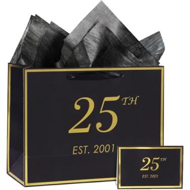 Imagem de momoake Bolsa de presente de aniversário de 25 anos com cartão e papel de seda para homens e mulheres, 2001 25 anos de idade 33 cm elegante ouro preto lembrança festa presente compras sacos de papel