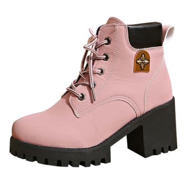 Imagem de Botas femininas com detalhe de metal, salto grosso, plataforma, cano baixo, para outono e inverno, calçados casuais de cano médio, rosa, 34