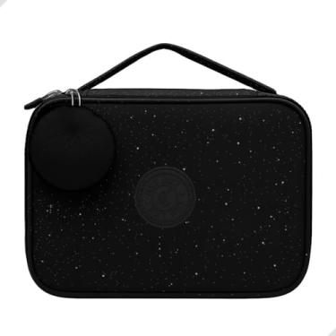 Imagem de Estojo Escolar Box Grande, com Pompom, Glitter, Alça e Zíper, 29 Elásticos para canetas, lapiseiras ou lápis | Volta as Aulas, Material Escolar, Papelaria Fofa Criativa 23x15cm (Preto)