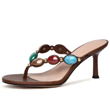 Imagem de BeeLg Sandálias femininas de salto dental Jewelled Toe aberto redondo salto alto chinelos moda verão praia vestido sandálias, Marrom escuro, 34
