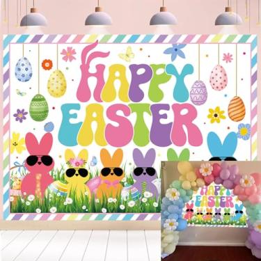 Imagem de Pano de fundo Happy Easter 20 x 1,8 m primavera ovos coloridos coelho Páscoa chá de bebê decoração faixa de festa decoração adereços de foto
