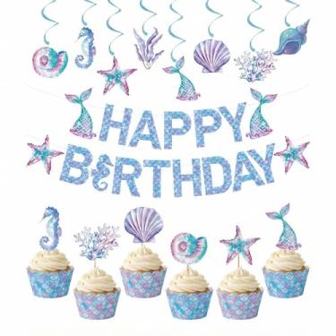 Imagem de Bandeira de feliz aniversário cauda de sereia e espiral pendurada