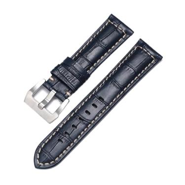 Imagem de VEVEL Pulseira masculina de couro genuíno para Panerai de couro bovino Crazy Horse, pulseira lisa de 20 mm, 22 mm, 24 mm, 26 mm (azul e prata, 24 mm)