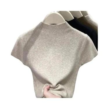 Imagem de Suéter Feminino De Tricô Gola Alta Slim Fit Fino De Verão Manga Curta 
