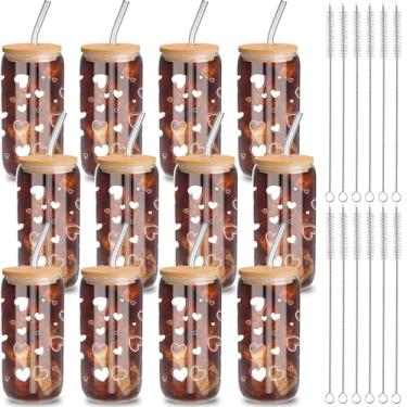 Imagem de Yetene 12 peças de copos de vidro para dia dos namorados com tampas e canudos 473 ml, copos, copos de café gelado, presente de coração para mãe, esposa, mulheres, amigas, casamento, aniversário