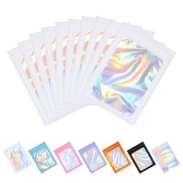 Imagem de Tiparts 100 sacos holográficos Mylar, sacos brancos resseláveis de 16 cm x 24 cm com janela frontal transparente para armazenamento de alimentos, joias, doces, embalagens para pequenas empresas