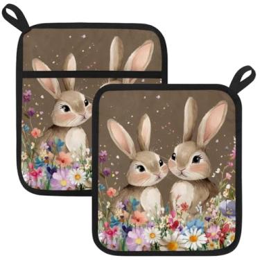 Imagem de Porta-panelas florais de coelhos da Páscoa para cozinha, 2 peças, almofadas quentes resistentes ao calor para bancadas, suportes de panela de forno de algodão para cozinha, cozinhar, assar