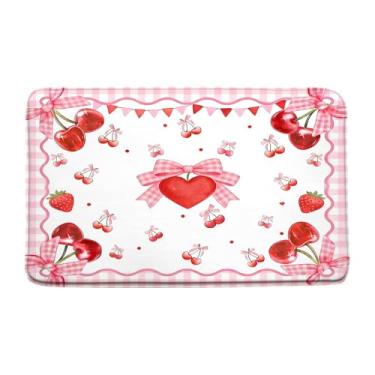 Imagem de HUSPWP Tapete de banho vermelho cereja rosa quadriculado vermelho amor coração laço morden feminino romântico doce fruta fofa estética decoração de banheiro dos namorados tapete de casa de banho, 48 x