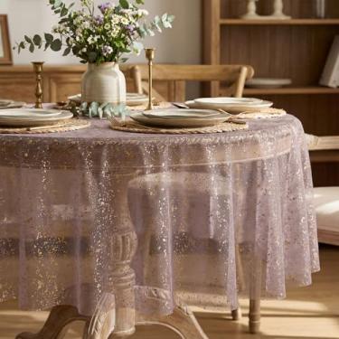 Imagem de Horaldaily Toalha de mesa dourada roxa acinzentada redonda 152 x 152 cm, folha metálica com glitter de lantejoulas douradas, gaze de tule transparente para casamento, chá de bebê, cerimônia de