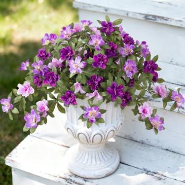 Imagem de Ammyoo Flores artificiais de azaléia falsas para decoração de primavera ao ar livre, flor de seda sintética para o verão, resistente a UV, plantas reais para jardim, quintal, varanda, passarela