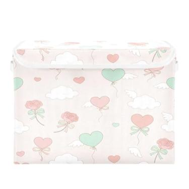 Imagem de Wassud Cestos de armazenamento dobráveis com tampas, balões de coração, cestas organizadoras de tecido dobrável para armário, decoração sazonal de casa 40 x 30 x 30 cm