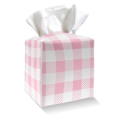 Imagem de Suporte para caixa de lenços - capa de caixa de lenços de couro PU xadrez rosa e branco com cinto inferior, dispensador organizador de papel facial quadrado para mesa, banheiro, cozinha, carro e