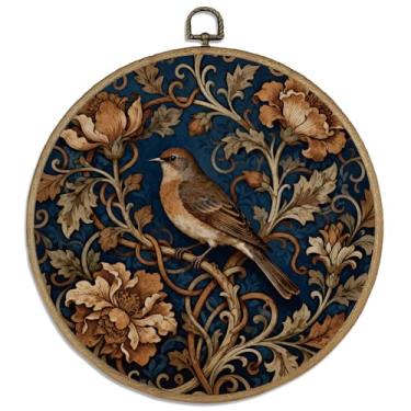 Imagem de DELORIGIN Arte de parede emoldurada floral de pássaro vintage 25,4 cm flores folhas arte de parede em tela redonda com ganchos vintage impressões de arte penduradas para sala de estar, corredor