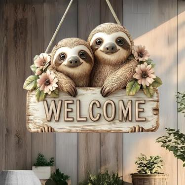 Imagem de Adorável placa de boas-vindas para pendurar preguiça - decoração aconchegante de entrada, presente para amantes de preguiça e amigos/MP-15