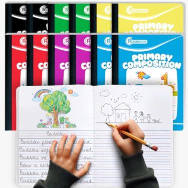 Imagem de Rosmonde Pacote com 12 cadernos de composição primária, 200 páginas (100 folhas), diário primário de desenho e escrita, grau K-2, com cabeçalho para desenhar, capa dura, mármore sortido, cores podem