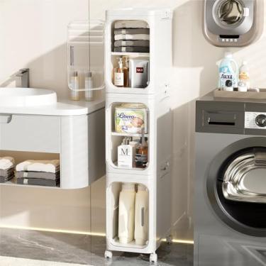 Imagem de JOYZAN Armário de armazenamento estreito para banheiro com rodas móveis, armário de armazenamento fino com 3 portas e painel removível, organizadores de banheiro skinny e armazenamento para espaços