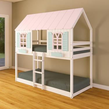 Imagem de Beliche Montessoriano Casinha Bela - Madeira Maciça Branco/rosa/verde | Housin