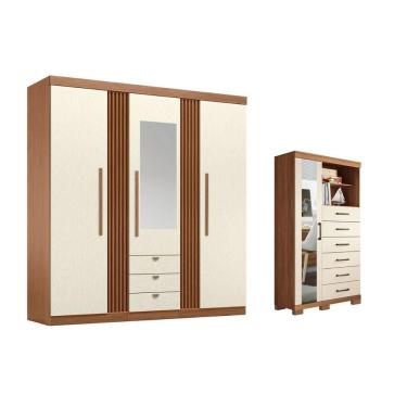 Imagem de Guarda Roupa +1cômoda Solteiro e Closet QC246 4 Portas de Bater 9 Gavetas em MDP com Espelho Jatobá-areia