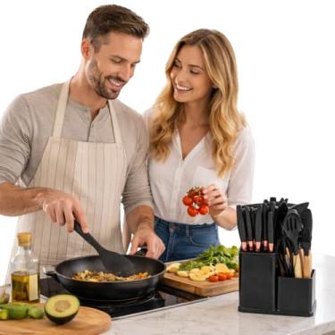 Imagem de Conjunto de Utensílios de Cozinha 19 Peças com Suporte – Silicone Resistente ao Calor, Cabos Ergonômicos e Design Premium (Preto)