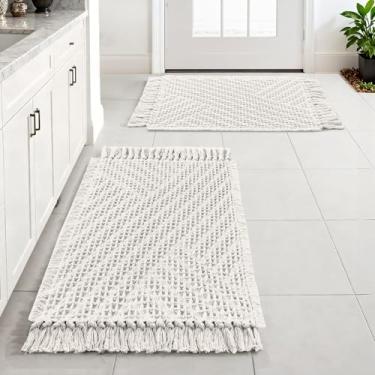 Imagem de H.VERSAILTEX Tapete de banheiro waffle super absorvente boho tapete de banho antiderrapante para banheiro lavável na máquina tapetes de banheiro rápido com borlas (50 x 81 mais 43 x 61 cm, branco