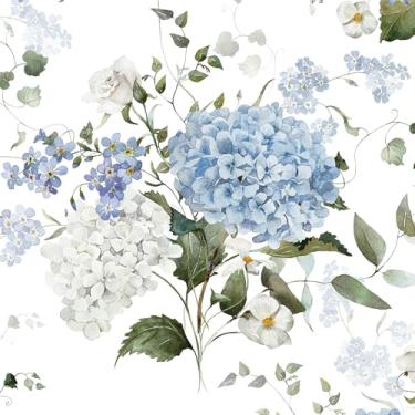 Imagem de HelloWall 44,5 cm x 203,2 cm Papel de parede de hortênsia azul branco papel de parede floral folha de papel de parede de vinil durável para prateleiras