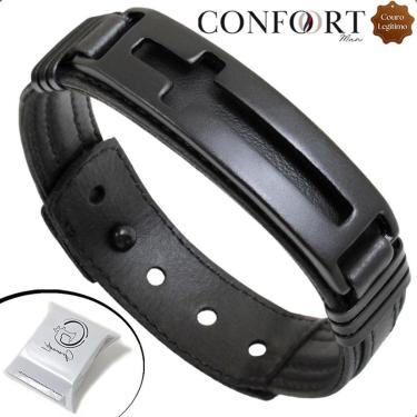 Imagem de Pulseira de Couro Preto Masculina Slim Caixa Ajustável All Black-Unissex