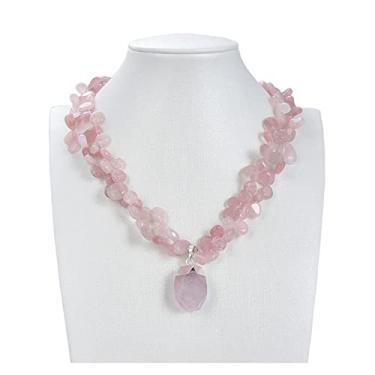 Imagem de DWBPGVUN Joias 45,7 cm, 2 fios, quartzo rosa, colar de pedras preciosas, pingente de cristal rosa