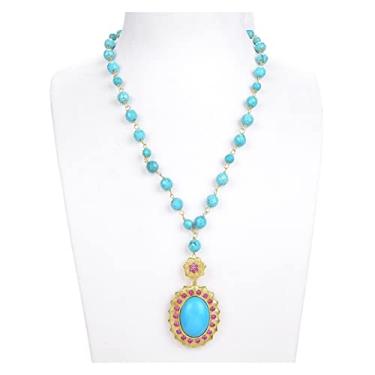 Imagem de SASOKI Colar de declaração azul turquesa rosário colar oval turquesa vermelho pavê pingente 48 cm