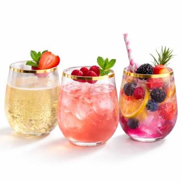 Imagem de 36 peças descartáveis sem haste, inquebráveis, de plástico transparente, conjunto de 36 taças de vinho (355 ml, aro dourado)