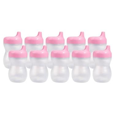 Imagem de Kit 10 Copos Infantil Bebê Com Bico Transição Treinamento Suco Água 350ml (Transparente C/Tampa Rosa)