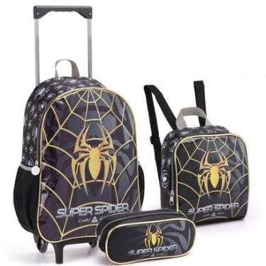 Imagem de Kit Mochila Homem Aranha Rodinha Super Spider Black Lancheira Estojo Escolar Seanite-Masculino