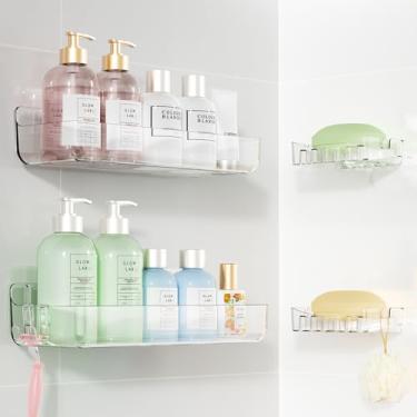 Imagem de Sotfamily Suportes de chuveiro, suporte de chuveiro transparente, sem broca, prateleiras de chuveiro montadas na parede com saboneteira e almofadas adesivas