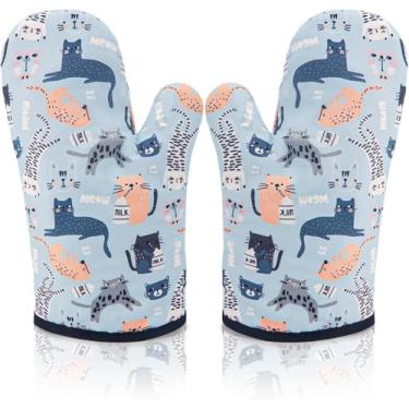 Imagem de Luvas de forno fofas para gatos, 2 peças, luvas de forno resistentes ao calor, luvas de cozinha antiderrapantes para forno, churrasco, cozimento, máquina de assar, lavável (gato)