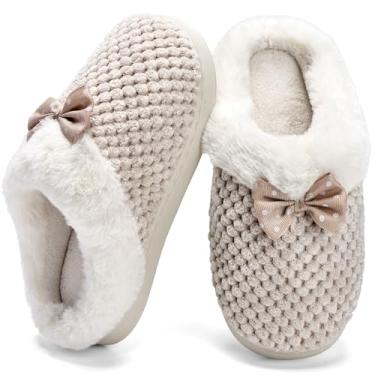 Imagem de WateLves Pantufas femininas com espuma viscoelástica para crianças pequenas, confortáveis, forradas com lã, para uso interno e externo, Bege, 9-10 Toddler