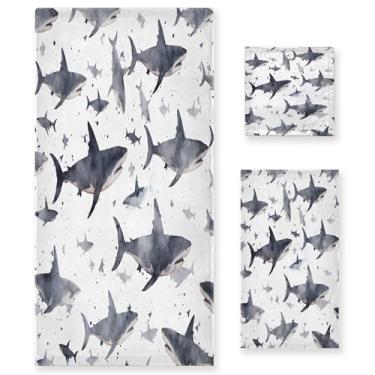 Imagem de xigua Sharks Conjunto de toalhas de banheiro absorvente macio 3 peças toalha de banho toalha de mão toalhas decorativas para banheiro, academia, hotel, praia, piscina