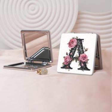 Imagem de Espelho de maquiagem portátil de couro PU retrô europeu com letras florais, mini espelho dobrável de mão dupla face, quadrado para retoque, presente ideal para todas as ocasiões