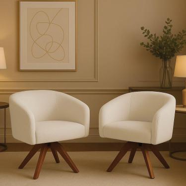 Imagem de Poltrona Sala Base Giratória Madeira Kit 2 Arielle Bouclê Bege D03 - D'rossi