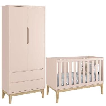 Imagem de Berço Americano E Guarda Roupa Classic 2 Portas Rosa Com Pés Madeira Natural - Reller